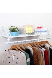Living and Home Wall Mounted Metal Clothes Garment Shop Display Rack with Shelf in White - thumbnail 6