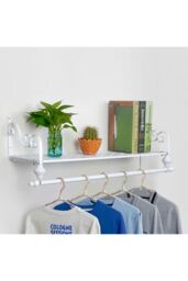 Living and Home Wall Mounted Metal Clothes Garment Shop Display Rack with Shelf in White