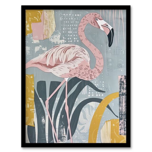 Artery8 Flamingo Bird Pastel Colour Nature Design Framed Art Print in Pink - Size: A4 - image 1