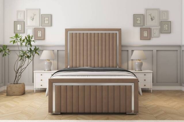 "Sloomy Boston Chrome Plush Frame-Mattress - 50"" Upholstered Headboard in Taupe - Size: Super King" - image 1
