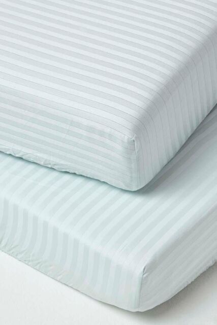 Homescapes Cotton Stripe Fitted Cot Sheets 330 Thread Count, 2 Pack in Blue - Size: Cot Bed - image 1