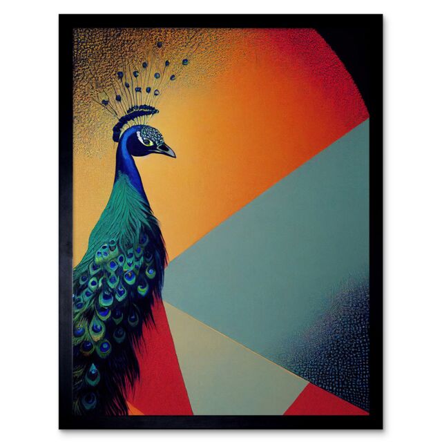 "Artery8 Wall Art Print Modern Peacock Portrait in Colourful Abstract Vibrant Orange Art Framed in Black - Size: W12"" x H16""" - image 1