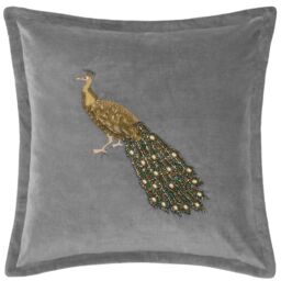 Voyage Maison Mayura Peacock Embellished Velvet Cushion in Charcoal - Size: 55 cm x 55 cm