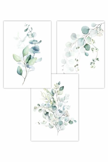 ARTZE Set of 3 Green Blue Watercolour Eucalyptus Set 3 Art Posters in Light Green - Size: W50 cm x H70 cm - image 1