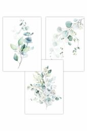 ARTZE Set of 3 Green Blue Watercolour Eucalyptus Set 3 Art Posters in Light Green - Size: W50 cm x H70 cm - thumbnail 1