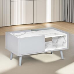 Pirlo Plush Faux Marble Coffee Table With Storage Shelf & Drawer Living Room Furniture in Light Grey - thumbnail 3