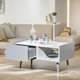 Pirlo Plush Faux Marble Coffee Table With Storage Shelf & Drawer Living Room Furniture in Light Grey - thumbnail 2