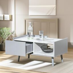 Pirlo Plush Faux Marble Coffee Table With Storage Shelf & Drawer Living Room Furniture in Light Grey - thumbnail 1