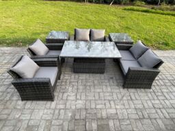 Fimous Rattan Garden Furniture Sets Patio Outdoor Rising Lifting Table Sofa Set with Double Seat Sofa 2 Side Tables Dark Grey - thumbnail 2