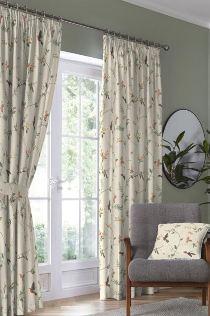 Dreams & Drapes 'Darnley' Nature Inspired Print Pair of Pencil Pleat Curtains With Tie-Backs in Coral - Size: 117 cm width x 137 cm drop - image 1
