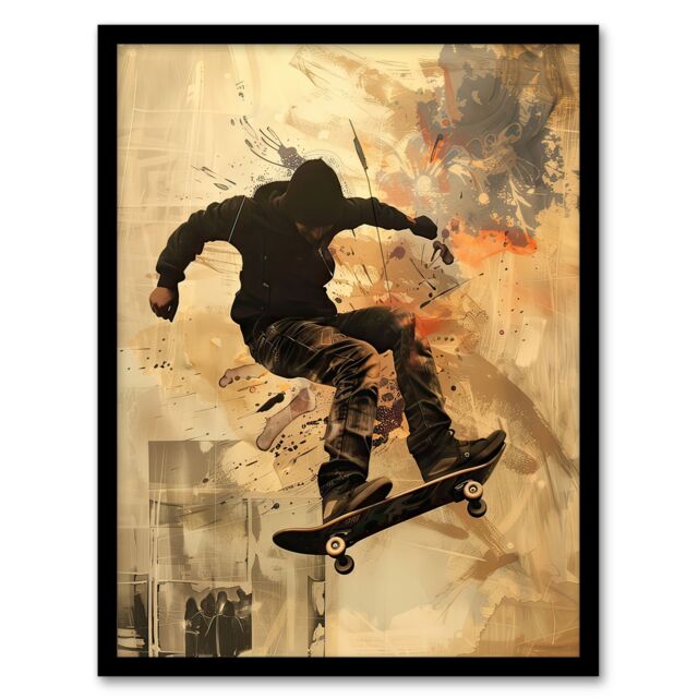 Artery8 Skateboarder Portrait Street Art Modern Framed Art Print in Beige - Size: A4 - image 1