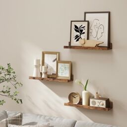 VASAGLE Set of 3 Wall Shelves Floating Shelves Display Racks Raised Edges in Brown - thumbnail 1