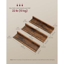 VASAGLE Set of 3 Wall Shelves Floating Shelves Display Racks Raised Edges in Brown - thumbnail 2