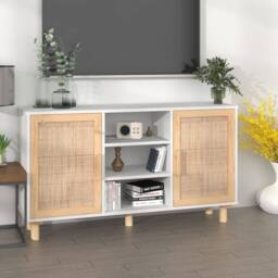 Berkfield Home Sideboard White 105x30x60 cm Solid Wood Pine & Natural Rattan - Size: 105 x 30 x 60 cm - thumbnail 2