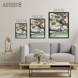 "Artery8 Tree & Chrysanthemums Framed Canvas Wall Art Print Kogyo Tsukioka in Green - Size: W12"" x H16""" - thumbnail 4