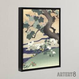 "Artery8 Tree & Chrysanthemums Framed Canvas Wall Art Print Kogyo Tsukioka in Green - Size: W12"" x H16""" - thumbnail 2