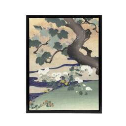 "Artery8 Tree & Chrysanthemums Framed Canvas Wall Art Print Kogyo Tsukioka in Green - Size: W12"" x H16""" - thumbnail 1