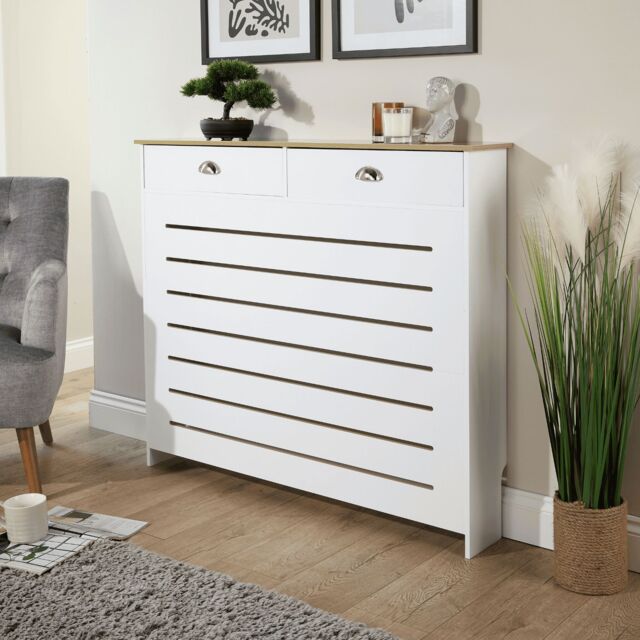 Home Source Batley Radiator Cover Grill Shelf Cabinet Two Drawers MDF Modern White - image 1