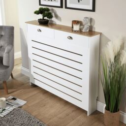 Home Source Batley Radiator Cover Grill Shelf Cabinet Two Drawers MDF Modern White - thumbnail 2