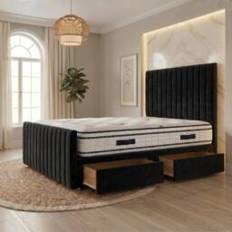 "Somnior Eleanor Velvet Divan Bed Mattress 2 Draw 54"" Headboard 22"" Footboard in Black - Size: Single" - thumbnail 1