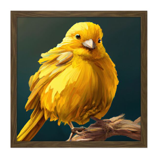 "Artery8 Wall Art Print Bright Canary Bird Perched on Branch Yellow Oil Painting Square Framed Picture 16X16 Inch in Brown - Size: W16"" x H16""" - image 1