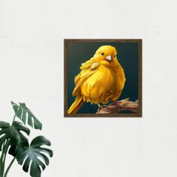 "Artery8 Wall Art Print Bright Canary Bird Perched on Branch Yellow Oil Painting Square Framed Picture 16X16 Inch in Brown - Size: W16"" x H16""" - thumbnail 2