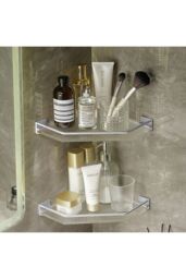 Living and Home Acrylic Corner Shower Caddy Adhesive Wall Mounted Bathroom Shower Shelf Organizer in Silver - thumbnail 1