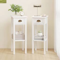 HOMCOM 2-Tier Side Tables Set of 2 with Drawer Shelf for Living Room, White - thumbnail 1