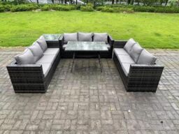 Fimous Rattan Outdoor Garden Furniture Set Garden Dining Table Set with Patio Side Table 9 Seater Dark Grey - thumbnail 2