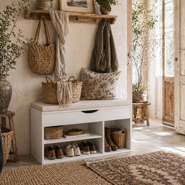 Wyld Haus Sokari White Shoe Storage Bench Padded Seat & Hidden Compartment - image 1