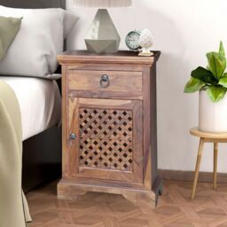 Jaipur Furniture Ltd Ganga Latic Jali Bedside with Left Side Door - Sheesham Wood - L31 x W45 x H65 cm - Honey Dark Finish in Brown - thumbnail 2