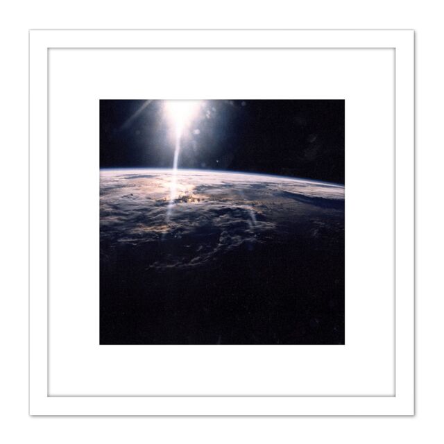 Artery8 NASA Sunlight Over Earth Discovery Orbiter 8X8 Inch Square Wooden Framed Wall Art Print Picture with Mount in White - image 1