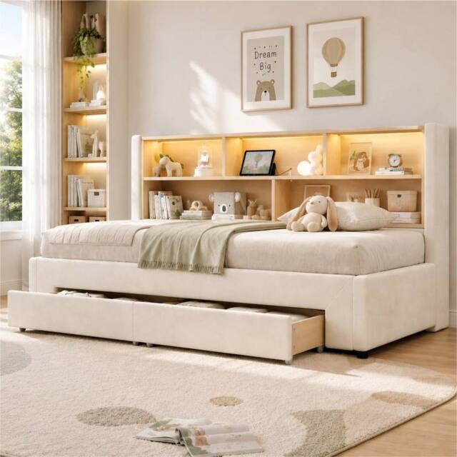ModernLuxe Daybed with pull out guest bed, LED storage headboard & 2 drawers in Beige - Size: Single - image 1
