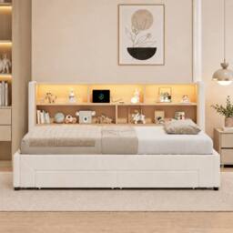 ModernLuxe Daybed with pull out guest bed, LED storage headboard & 2 drawers in Beige - Size: Single - thumbnail 4