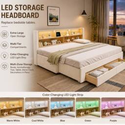ModernLuxe Daybed with pull out guest bed, LED storage headboard & 2 drawers in Beige - Size: Single - thumbnail 9
