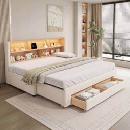 ModernLuxe Daybed with pull out guest bed, LED storage headboard & 2 drawers in Beige - Size: Single - thumbnail 5