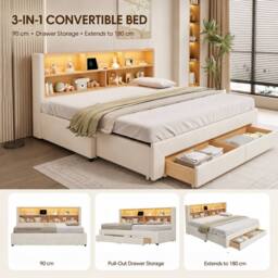 ModernLuxe Daybed with pull out guest bed, LED storage headboard & 2 drawers in Beige - Size: Single - thumbnail 7