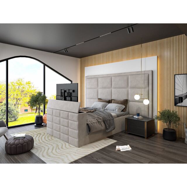 HOB Furniture Block Upholstered Tv Bed Frame, Luxury French Velvet, Pebble in Light Grey - Size: King - image 1