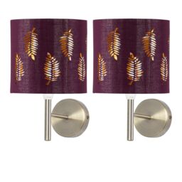 First Choice Lighting Set of 2 Brea - Antique Brass Wall Lights with Burgundy Fern Shades in Bronze - thumbnail 1