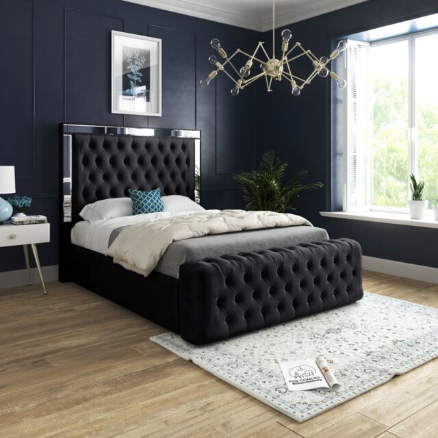 Casani Marino Mirror Upholstered Soft Velvet Bed Frame in Black - Size: Double - image 1