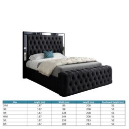 Casani Marino Mirror Upholstered Soft Velvet Bed Frame in Black - Size: Double - thumbnail 4