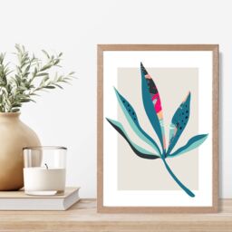 ARTZE Palm Leaf Blue & Pink Boho Botanical Framed Print SIZE: A3 with Oak Frame in Mid Blue - Size: A4 - thumbnail 2