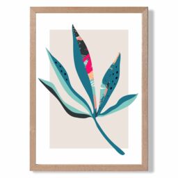 ARTZE Palm Leaf Blue & Pink Boho Botanical Framed Print SIZE: A3 with Oak Frame in Mid Blue - Size: A4 - thumbnail 1