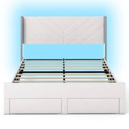 Costway King Size Bed Frame w/LED Lights Dutch Velvet Upholstered Platform Bed in Beige - thumbnail 2
