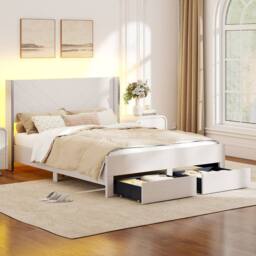 Costway King Size Bed Frame w/LED Lights Dutch Velvet Upholstered Platform Bed in Beige - thumbnail 3