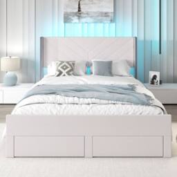 Costway King Size Bed Frame w/LED Lights Dutch Velvet Upholstered Platform Bed in Beige - thumbnail 5