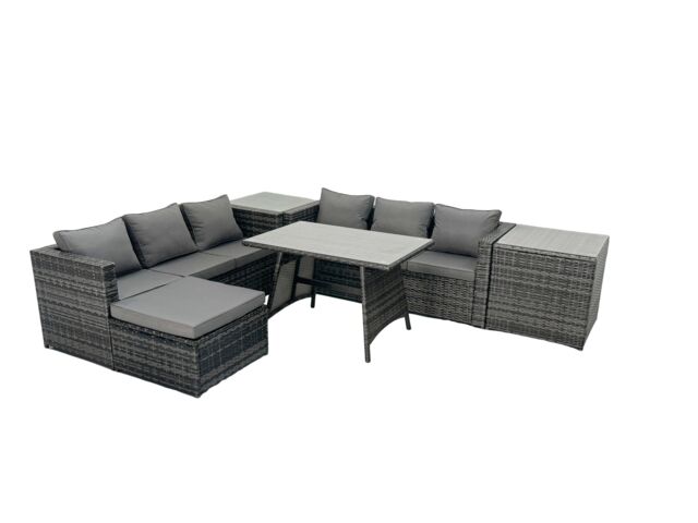Fimous Rattan Dining Table Sofa Set with 2 Side Tables Big Footstool Outdoor in Dark Grey - image 1