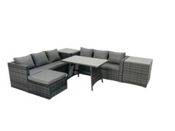 Fimous Rattan Dining Table Sofa Set with 2 Side Tables Big Footstool Outdoor in Dark Grey - thumbnail 2