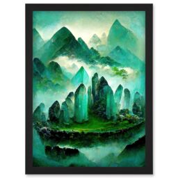 Artery8 Mystical New Age Crystal Jade Green Landscape Painting Artwork Framed Wall Art Print A4 in Black - thumbnail 1