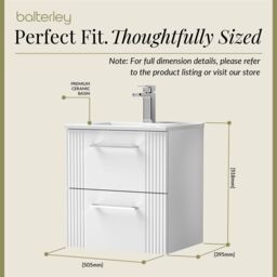 Balterley Wall Hung 2 Drawers Vanity Unit - Minimalist Basin 500mm, Satin White - thumbnail 5